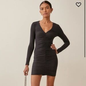 Reformation Black Ruched Long Sleeve Dress